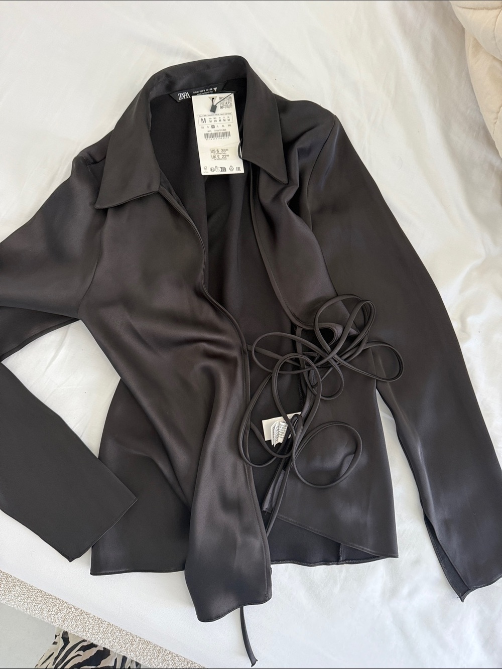 Zara Black Satin Tie-Waist Wrap Jacket
